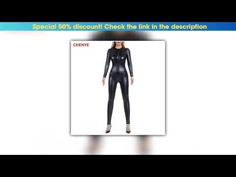 Get Seamless Leather Shapewear Bodysuit Women's Metallic Zip Front Mock Neck Catsuit Costume Ladies