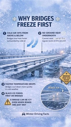 ❄️ BRIDGE DRIVING TIPS ❄️ (Winter Conditions) 🐢SLOW DOWN BEFORE THE BRIDGE Not while you’re on it 🙌🏻KEEP A STEADY SPEED No braking unless necessary 🛞SMOOTH STEERING ONLY No quick turns or corrections 👀LOOK AHEAD — NOT DOWN Eyes to the end of the bridge ❄️ASSUME IT’S ICY Even if the road looks wet #winter #driving #cars #howto #drivesafe