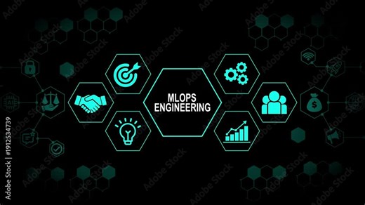 MLOps Engineering Interface with Machine Learning Pipeline Icons, AI Model Deployment System, Data Science Automation and Cloud Technology Concept