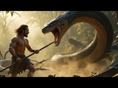Legend of Primitive Man Confronting a Giant Python in the Deep Forest