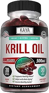 Kaya Naturals - Antarctic Krill Oil 500mg with Omega 3, EPA, DHA, Phospholipids & Astaxanthin Supplement - Brain & Health Vitamin - Anti Aging Supplement - 30 Count Softgels
