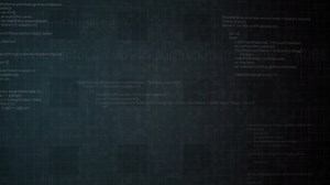 Moving inside the digital computer cyberspace. Motion. Programming data code text and futuristic HUD elements appear on a dark background.