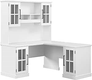 Bush Home Westbrook 60W L Shaped Desk with Hutch and Storage in White Ash, Farmhouse Corner Desk for Home Office Workspace