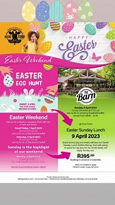 EASTER WEEKEND Join us for a fabulous weekend filled with lots of eats and treats, children under 12 pay half price. Read more - https://www.irenefarm.co.za/easter-offers/ Good Friday, 7 April 2023 @ R 225 per person Join us for a brunch buffet. Saturday, 8 April 2023 @ R 225 per personJoin us for a brunch buffet. Sunday is the highlight of our weekend. Start the morning with a great Sunday Breakfast from 08:00 - 10:30 @ R 225 per person. Every bunny (big and small) will love our Easter Sunday L