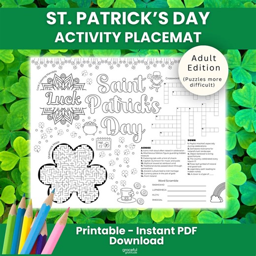 St. Patrick's Day Activity Placemat Puzzles | Adult Activity, Maze, Crossword (PDF Download) - Etsy