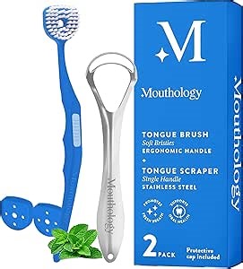 Mouthology Tongue Brush & Tongue Scraper (Combo Pack), Reduce Bad Breath & Improve Oral Hygiene, Tongue Scraper Brush for Adults Ergonomic Handle & Protective Cap, Tongue Cleaner
