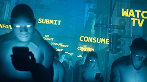 People hypnotized by their mobiles walk in the rain. Zombie walk.  Mind control