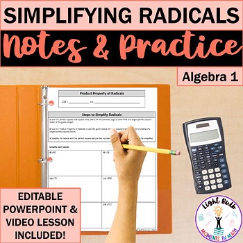 Simplifying Radicals Square Roots Guided Notes, Practice Worksheet, Video Lesson
