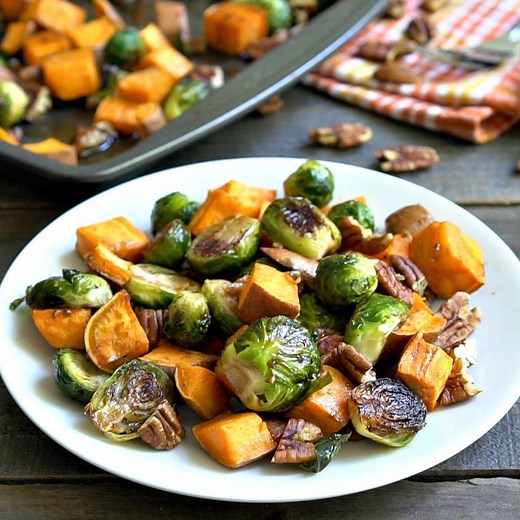One of my favorite side dishes for Fall...Roasted Sweet Potatoes and Brussels Sprouts with Pecans. Get the RECIPE: https://aggieskitchen.com/roasted-sweet-potatoes-and-brussels-sprouts-with-pecans/ | Aggie's Kitchen