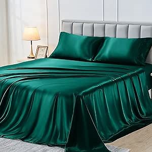 Sasttie Satin Full Sheet Set, Green Satin Sheet Set for Full Size Bed, Silky Sheets Full Size Bed Set, Satin Full Sheet Set Includes 1 Flat Sheet, 1 Fitted Sheet, and 2 Pillowcases