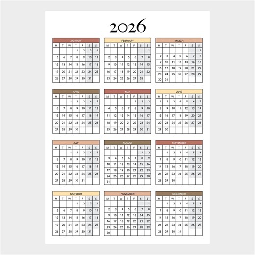 2026 Printable Yearly Calendar | Minimalist Year at a Glance | Digital Download PNG & PDF - Etsy