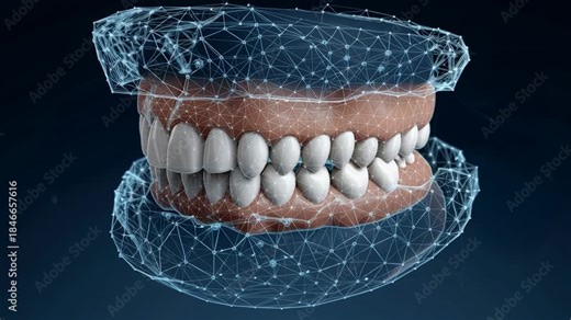 Dental Health Innovation concept ,3D dental model showing detailed structure of teeth, gums, jaw, molar, canine, and incisor with digital network