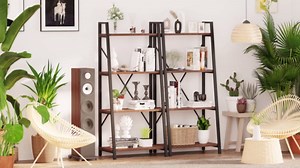 BON AUGURE Farmhouse Ladder Shelf Bookcase, 4 Tier Rustic Ladder Bookshelf, Standing Leaning Book Shelves for Living Room (Vintage Oak)
