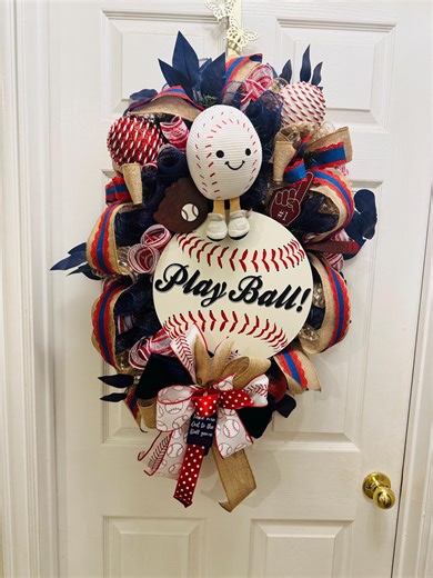 Play Ball Baseball Themed Deco Mesh Wreath Sports Fan Door Decor - Etsy