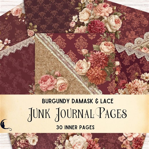Antique Damask & Lace Digital Paper, Vintage Burgundy Junk Journal Ephemera, Printable Scrapbook Backgrounds, Romantic Victorian Filler Page - Etsy