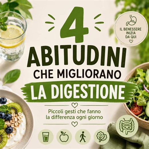 ✨ La digestione inizia dalle buone abitudini Salva questo post e seguimi per altri consigli semplici e pratici sulla sana alimentazione 💚 Ti capita di sentirti gonfio o appesantito dopo i pasti? Prova a mettere in pratica queste 4 semplici abitudini ogni giorno e dimmi nei commenti quale segui già! 💚 #alimentazionesana #benessere #digestione #consiglialimentari #ladispensadelbenessere