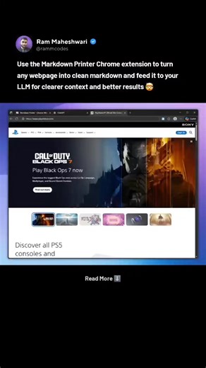 Powerful AI tip for web developers 🔥 Use the "Markdown Printer" Chrome extension to convert any web page into a clean markdown file so you can share it with an LLM for better context and get 3x better results. LLMs work best when you give them structured, readable input, and markdown is perfect for that :) Source 🔗: github(DOT)com/levz0r/markdown-printer Hope this helps ✅️ Drop a Like if you found this post helpful! 👍 Follow RammCodes for more 💎 #html #ai #javascript #coding #webdevelopment 