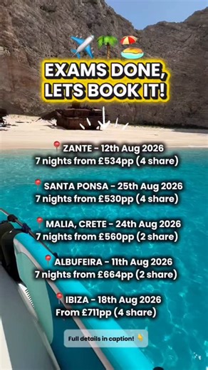 School’s out, summer’s calling and the exams are DONE! ☀️ Get ready to hit Ibiza, Zante, Albufeira and more with FIVE hot deals for school leavers! 📍 Zante - Postcode perfection, plus bars within dancing distance!!!! 🏨 Dados Hotel 🌴 Self Catering 🌴 One Bedroom Apartment 🌴 Departing 12th Aug at 1505 🌴 Returning 19th Aug at 2200 🌴 Transfers and luggage included 🌴 Based on 4 share ☀️ Total Price - £534pp ☀️ Price Per Person - £530pp ✅ €14 in total Tourist Tax Payable to resort 🔆 Sunny Sant