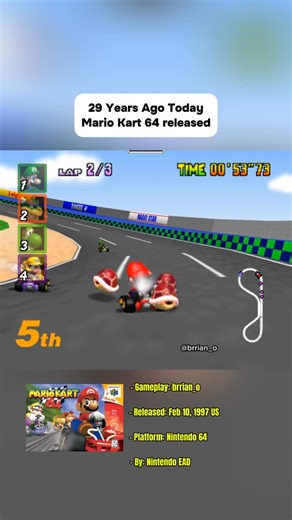 Brian on Instagram: "Can you believe it’s 29 years old? 🙉🎂 Mario Kart 64 is iconic, the levels and music are so memorable and 4 split screen multiplayer was pure fun! Brings back so many memories on Nintendo 64. . . This gameplay was played by me. Follow me for more of my gaming videos! ➡️ brrian_o . . #fyp #nintendo #mariokart #gaming #explorepage"