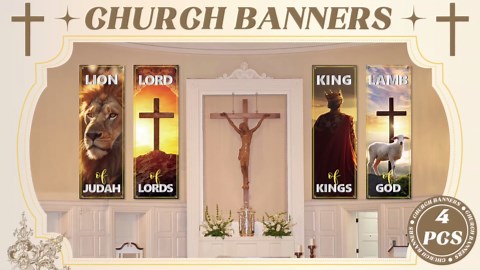 4Pcs Church Banners for Sanctuary Wall Worship Christian Banners Hanging Backdrop Scripture Inspirational Religious Praise Signs Bible Verses Banner Scripture Hanging Signs for Church School Decor