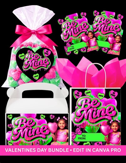 Be Mine Valentine’s Day Bundle | Editable Canva Pro Valentine Party Favors | Treat Bags, Gift Bags & Favor Boxes - Etsy