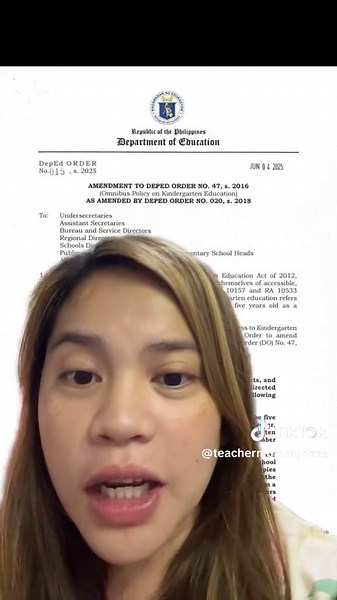 KINDERGARTEN UPDATE Deped Order_s2025_ 015 Enrollment Procedures: Age qualification for Kindergarten learners should be five years old by October 31 of every calendar year. #deped #kindergarten #kindergartenteacher #teachersoftiktok