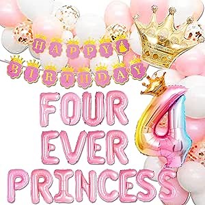 Four Ever a Princess Birthday Decorations Pink Gold Princess Castles Balloon Garland Crown Number 4 Foil Balloons Banner for 4 Years Old Birthday Party Decor Supplies