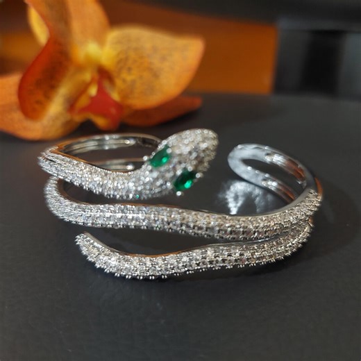 Snake Bracelet, 18k White Gold & Emerald Designer Serpenti Viper Snake Layered Bangle - Etsy