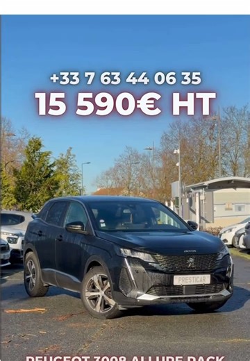 🚗 Peugeot 3008 🔧 Fiche véhicule • Peugeot 3008 • Motorisation 1.2 PureTech – 130 ch • ⚙️ Boîte automatique • ✨ Finition ALLURE PACK • 📅 Mise en circulation : 05/2023 • 📊 54 000 km • 🚘 Véhicule moins de 3 ans 💰 PRIX EXPORT 💵 Prix : 15 590 € HT ⭐ Options & équipements ALLURE PACK : • Caméras avant et arrière • Radars 360° (aide au stationnement complète) • Surveillance des angles morts • Virtual Cockpit (compteurs numériques) • Rétroviseurs rabattables électriquement • Rétroviseurs dégivran