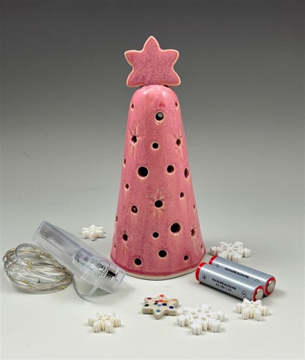 Pink Christmas Tree Lantern, Small #1| Tabletop | Fun & Colorful Holiday Decor | Handmade Ceramic Light-up Christmas Trees - Etsy