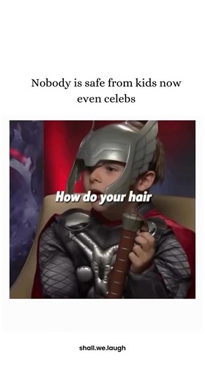 Shall we laugh? on Instagram: "This video highlights a lighthearted interview moment between actress Elizabeth Olsen and a young interviewer dressed as Thor, captioned "Nobody is safe from kids now even celebs" to underscore the innocent yet pointed interrogation style unique to children. When the young hero asks, "How do your hair colors change?", Olsen offers a surprisingly literal and detailed explanation about salon visits and chemicals. The comedy peaks when the boy bluntly summarizes her r