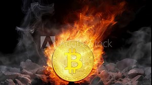 Bitcoin gold coin on fire set in black rock background. Crypto market bullish scenario. Bitcoin represents a decentralized cryptocurrency and a digital gold.
