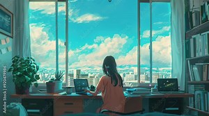 An anime girl typing on a laptop by a large window, with a vibrant cityscape outside, creating a reflective and focused atmosphere i Seamless looping 4k time-lapse virtual video animation Generated AI