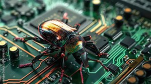 A small bug is perched on a motherboard, highlighting the intricate components and circuitry that make up this essential piece of technology.
