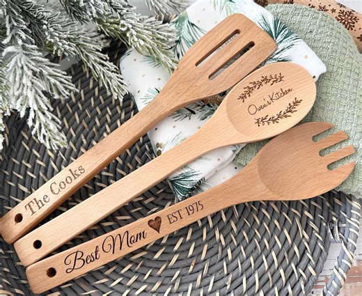 Personalized Wooden Kitchen Utensils, Custom Engraved Cooking Spoon, Spork & Spatula Set, Mother’s Day Gift, Housewarming Gift - Etsy