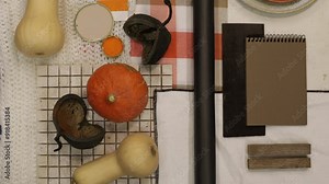 Autumn collage with pumpkins , color palette and mood board for interior design and decor, top view