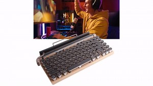 Mechanical Gaming Keyboard, Typewriter Retro Punk Gaming Keyboard, Bluetooth Keyboard with Metal Round Keycap & Backlit, 83 Keys Blue Switch Electric Typewriter (Wood