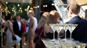 Close-up shooting pyramid of glasses of champagne stands on the buffet table against the backdrop of a cheerful crowd of guests.