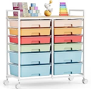 Rolling Storage Cart with 12 Drawers, Wooden Tabletop Utility Cart for Craft Storage, Art Supply Storage & Home Office Organization, Teacher Cart with Wheels for Classroom, School (Rainbow)