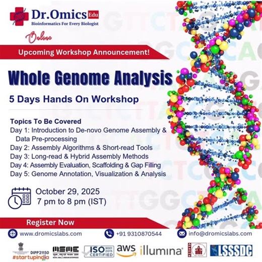 Vivek Kumar Sahu on Instagram: "🚀 Unlock the Power of Genomics! 🔬 Join our 5-Day Hands-on Workshop on Whole Genome Assembly and explore sequencing, assembly & annotation with real-world tools and expert mentors! 🧬 📅 29th Oct – 2nd Nov 2025 ⏰ 7:00 – 8:00 PM IST (Online) 🎓 Certificate Provided | 📂 Recorded Sessions | 💬 Live Doubt Clearing 👉 Register Now: [link in bio] or https://forms.gle/EETvcPy42nuEtZBo7 Don’t miss your chance to master Whole Genome Analysis with DrOmics Labs! #Genomics 