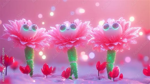 Happy flower characters with arms, legs, and eyes, dancing joyfully to welcome the beginning of spring.
