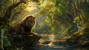 lion in the forest. Virtual 4K video animation background with looping time lapse with very smooth graphics.