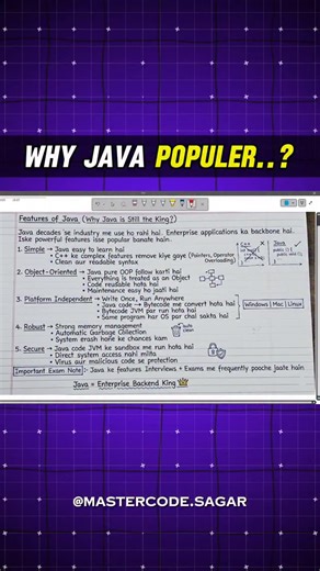 Sagar Rathod on Instagram: "☕ Features of Java – Why Java Is So Powerful? Java sirf ek programming language nahi hai, ye ek reliable, secure aur platform-independent technology hai 💻🔥 🔑 Key Features of Java: ✔ Platform Independent – Write once, run anywhere ✔ Object-Oriented – Real-world problem solving ✔ Secure – Strong memory management & no pointers ✔ Robust – Error handling & garbage collection ✔ Multithreaded – Multiple tasks at the same time ✔ High Performance – Bytecode + JVM magic ✔ P