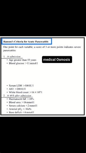 🛡️ Ranson's Criteria For Acute Pancreatitis . Medical Osmosis 👈👈👈 . #Pancreatitis #UKMLE #medicalosmosis #mrcpuk #MRCEM #medical #anesthesiology #pathology #embryology | Medical Osmosis