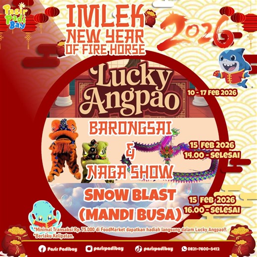 Pasirpadibay on Instagram: "Gong Xie Fa Cai ❤️ Selamat Tahun Baru Imlek 2026! Semoga rezeki lancar dan hidup semakin seru. Dalam merayakan imlek 2026, Pasir Padi Bay ada program baru nih, namanya Lucky Angpao. Berlaku dari tanggal 10 sampai 17 Februari 2026. Cara dapetinnya gampang banget, dengan kamu belanja di food market Pasir Padi Bay minimal Rp75 ribu, kamu bakal dapet hadiah menarik dari pasir padi bay lohh🥳🤩 Selain lucky angpao, di hari minggu tanggal 15 Februari 2026, di Pasir Padi Bay