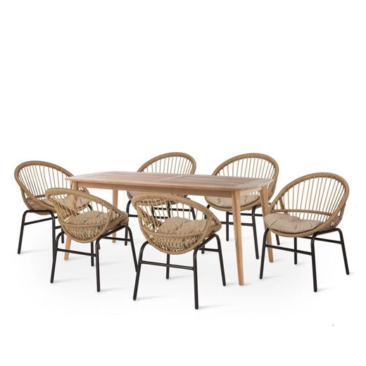 Noble House Baynes 7-Piece Wicker and Acacia Wood Outdoor Patio Dining Set with Beige Cushions 108777 - The Home Depot