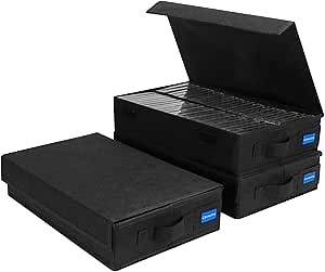 Cassette Tape Storage Box with Handles and Lid – Cassette Tape Holder and Organizer with External Label Slots, Stackable Cassette Storage Rack, 3Pack-Black
