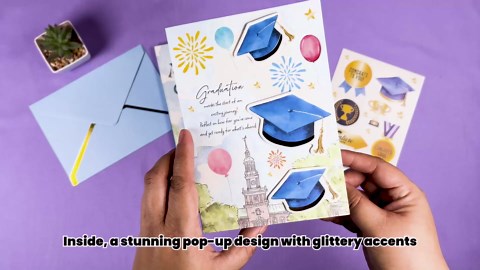 Decorably Pop Up Gold Foiled & Glittery 5x7in Handmade High School Graduation Cards 2025 with Grad Hat Cutouts, College Graduation Card with Envelope and Stickers with Printed Message Inside