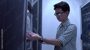 A Computer Engineer Working in a Large Data Center, Surrounded by Advanced Technology and Modern Servers, Managing and Monitoring the Factory's Cutting-Edge IT Infrastructure in a High-Tech Facility