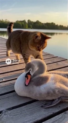 Cat Helps a Swan Near the Pier 🌅 #CatAndSwan #Wholesome #AnimalLove #4KLife #Peace